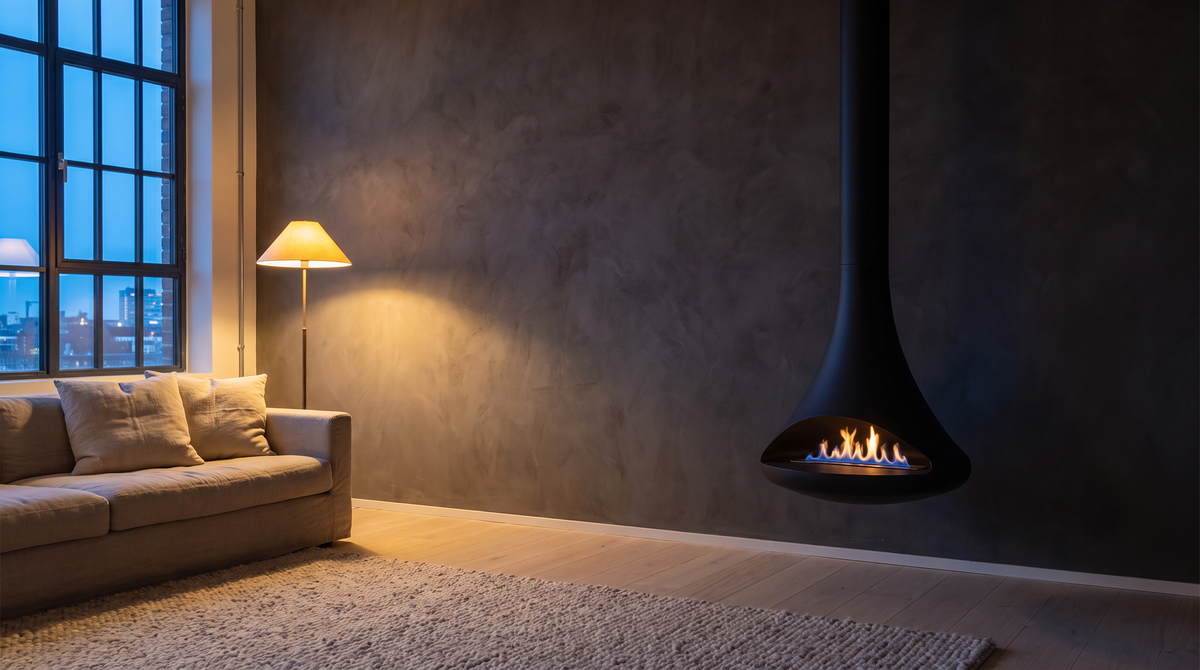 Black Silo suspended fire against a plaster wall in a city loft