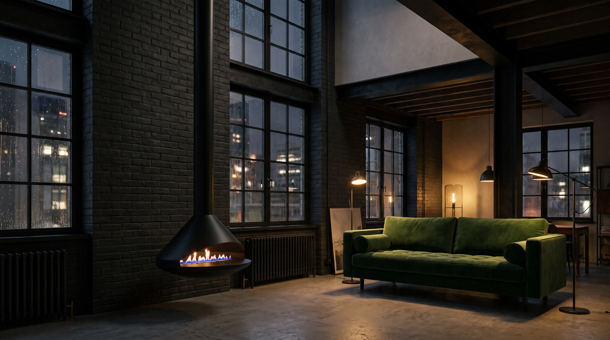 Black Orbit suspended fire against a brick wall in a warehouse apartment