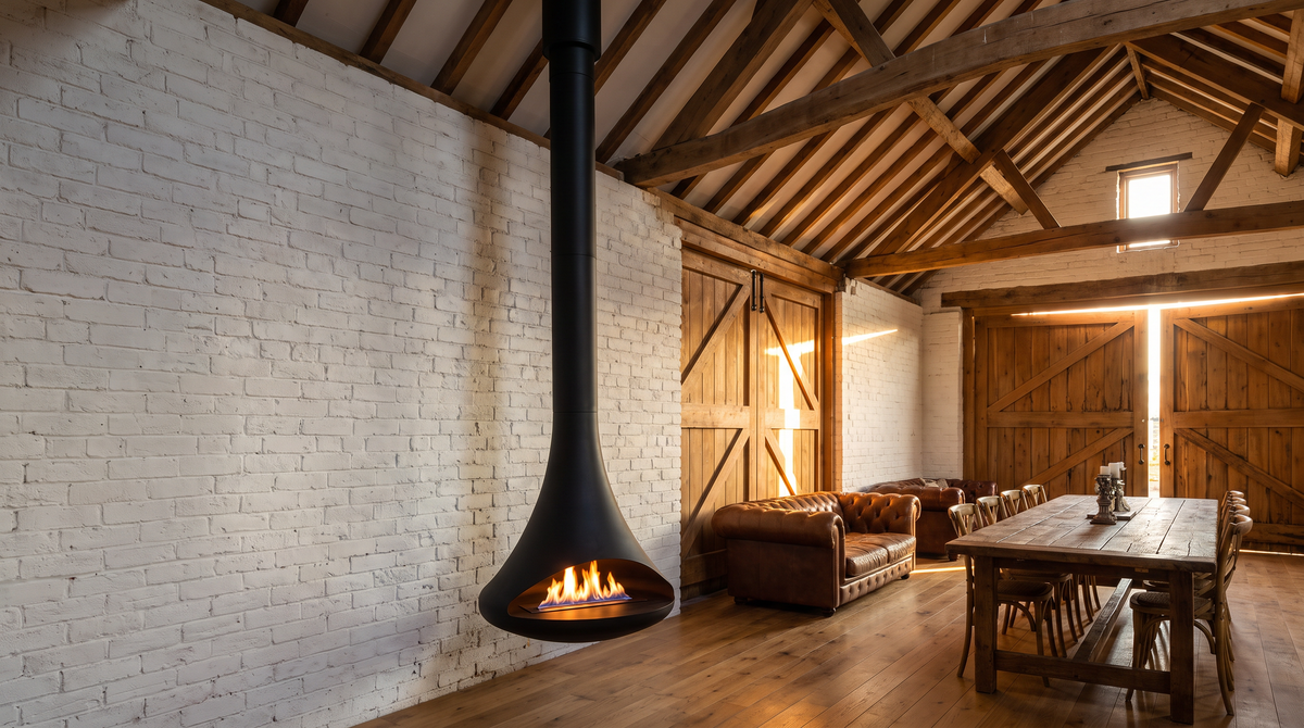 Black Silo suspended fire against a brick wall in a converted barn