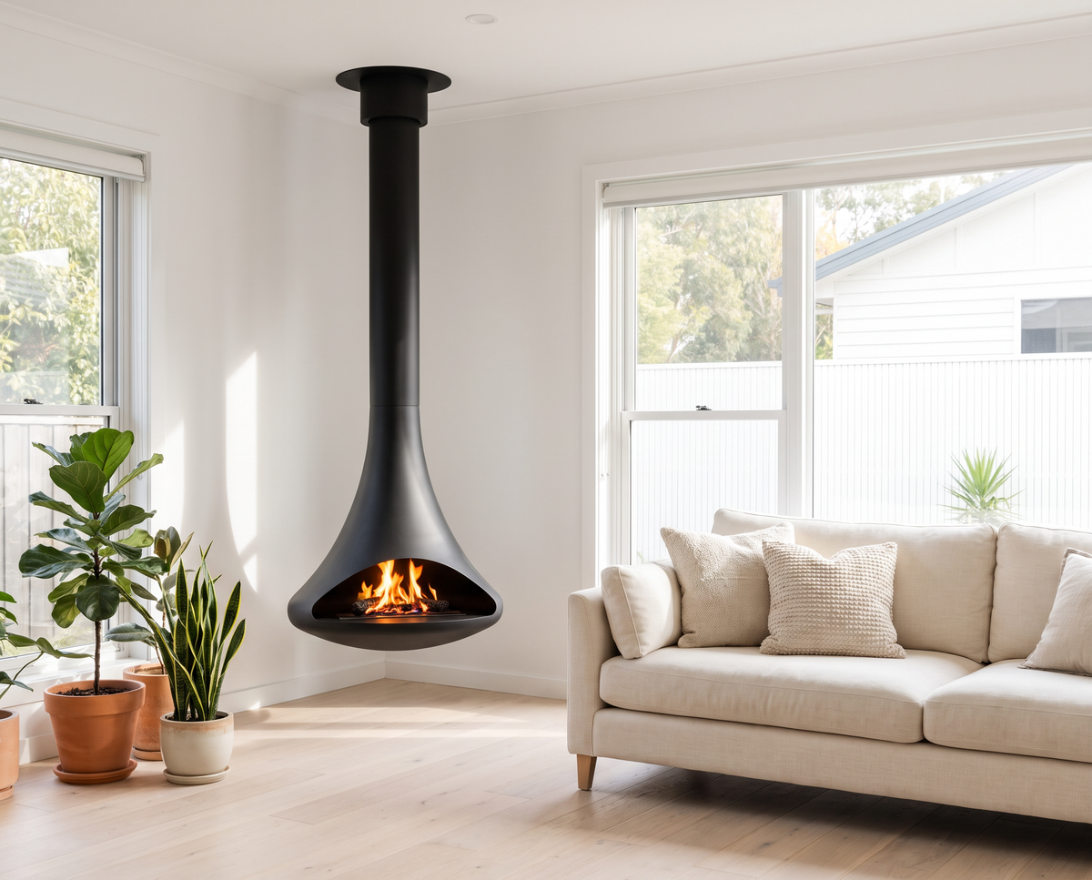 Black Silo suspended fire in the corner of a bright living room