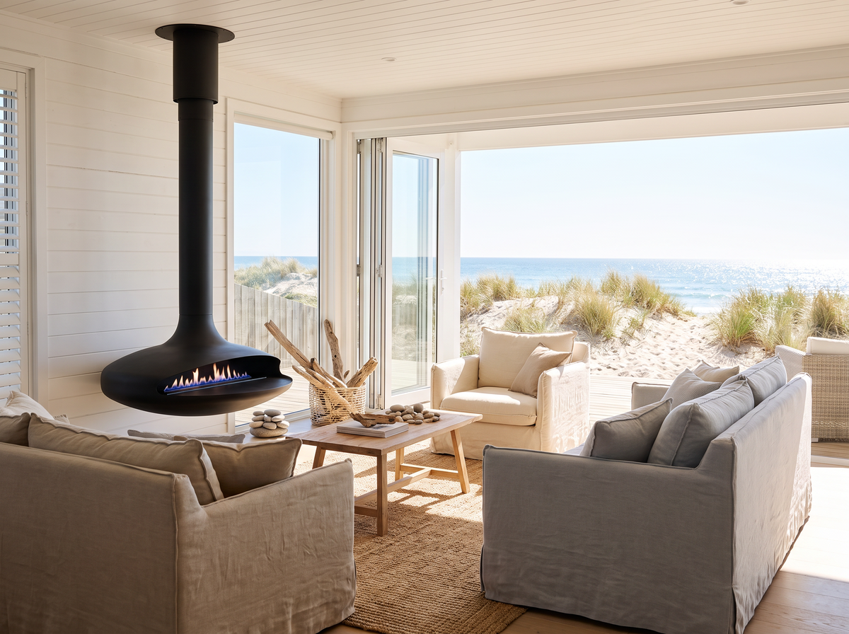 Black Curve 120 suspended fire in a coastal living room