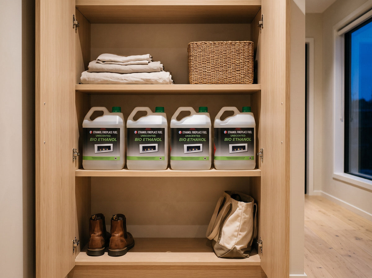 Bioethanol fuel bottles stored in a cupboard