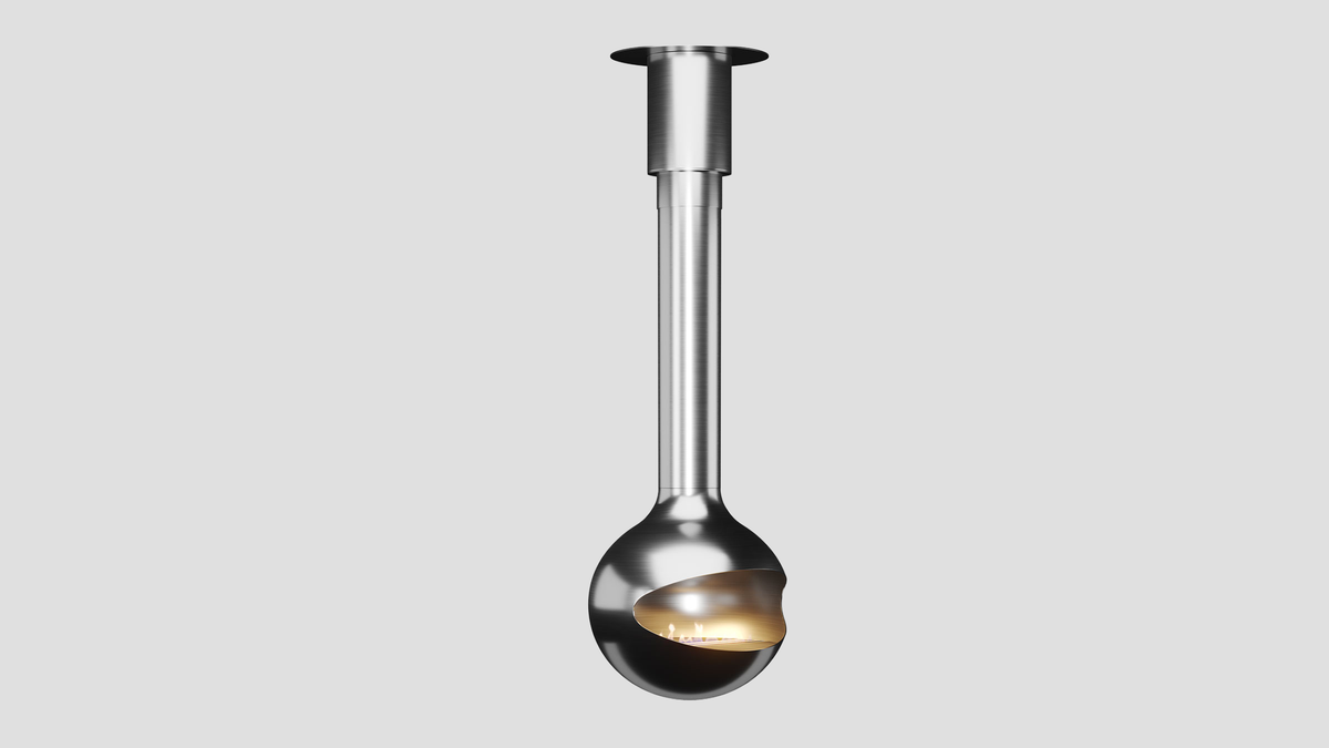 Sphere suspended fireplace in polished stainless steel finish